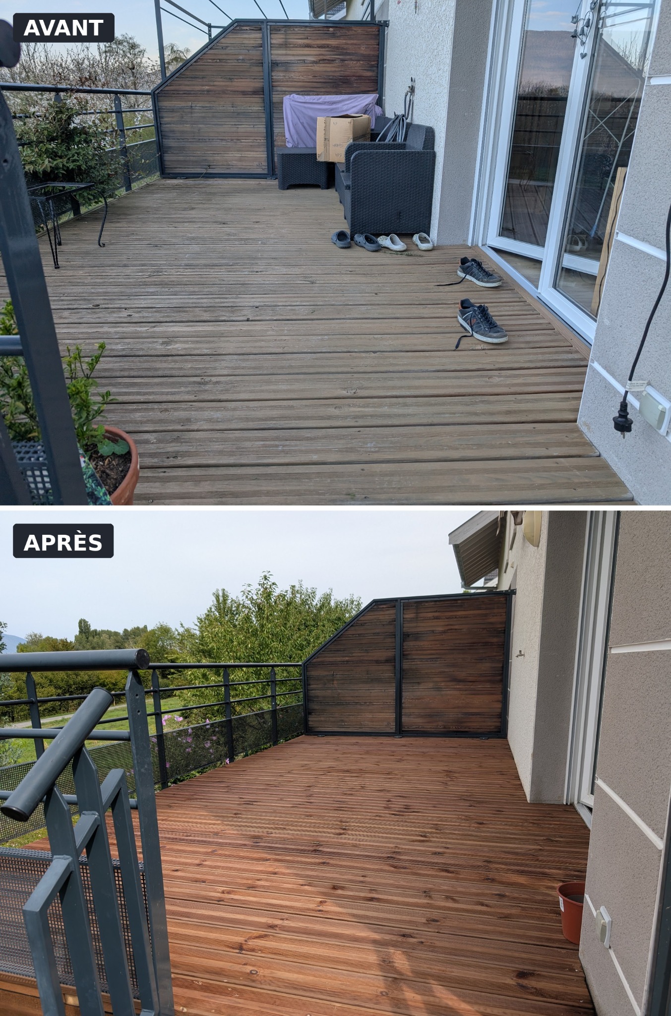 Comparaison des lames de terrasse avant et après les travaux.
